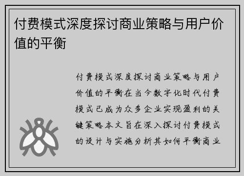 付费模式深度探讨商业策略与用户价值的平衡